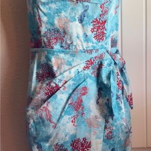 SOLD White House Black Market Blue Coral & Seahorse Wrap Midi Dress. New(no tags